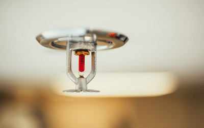 Close-up of a standard ceiling-mounted fire sprinkler head, representing Summit Companies' fire sprinkler systems