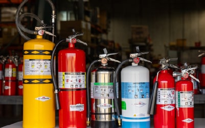 Assorted industrial fire extinguishers in different colors and sizes